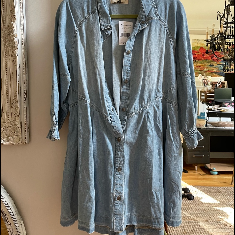Free people new denim dress size small. Never worn.